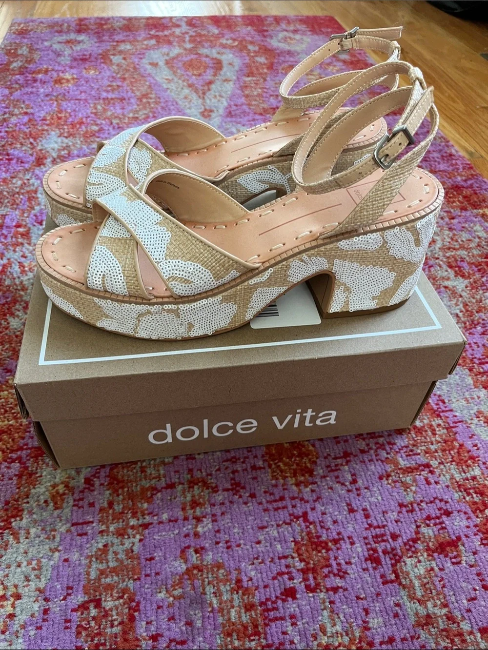 Eniko Dolce Vita Beige & White Sequin Platform Sandals with Ankle Strap